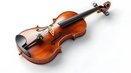 Obraz premium A classical violin with bow, rich wood grain, warm reddish-brown varnish, high detail, studio lighting, pure white background.