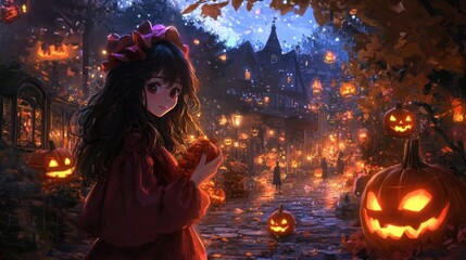 An illustrated scene of a girl in a red cloak standing amidst carved pumpkins and autumn leaves with a spooky castle in the background at night.