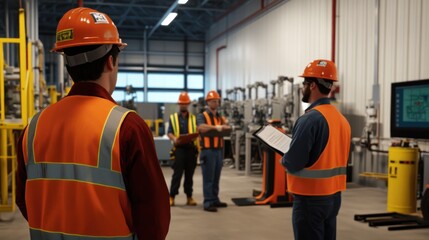 Generate a photo realistic image of workers receiving training on the use of safety equipment, with detailed equipment demonstrations and safety instructors visible;