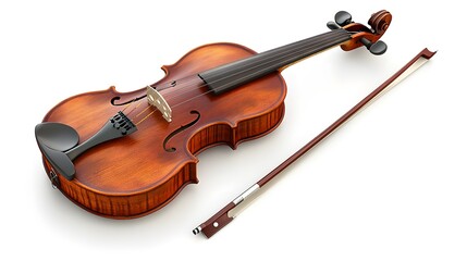 A classical violin with bow, rich wood grain, warm reddish-brown varnish, high detail, studio lighting, pure white background.