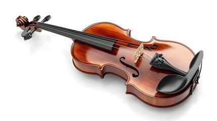 Fototapeta premium A classical violin with bow, rich wood grain, warm reddish-brown varnish, high detail, studio lighting, pure white background.