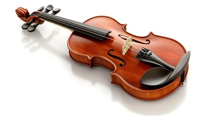 Obraz premium A classical violin with bow, rich wood grain, warm reddish-brown varnish, high detail, studio lighting, pure white background.
