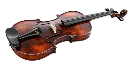 Fototapeta premium A classical violin with bow, rich wood grain, warm reddish-brown varnish, high detail, studio lighting, pure white background.