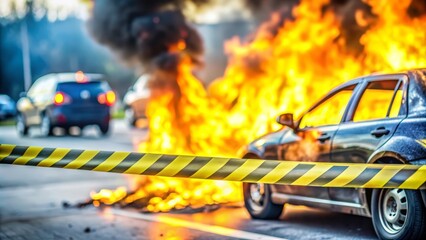 Burning Car with Caution Tape.