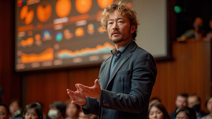 Professional Speaker Presenting Data on Stage with Engaged Audience