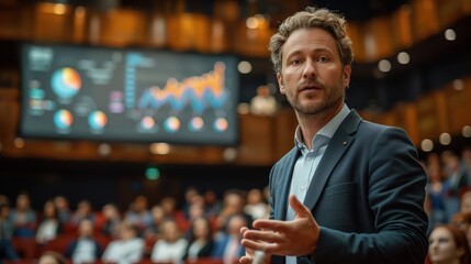 Business Speaker Delivering Presentation On Stage With Data Visualizations Behind