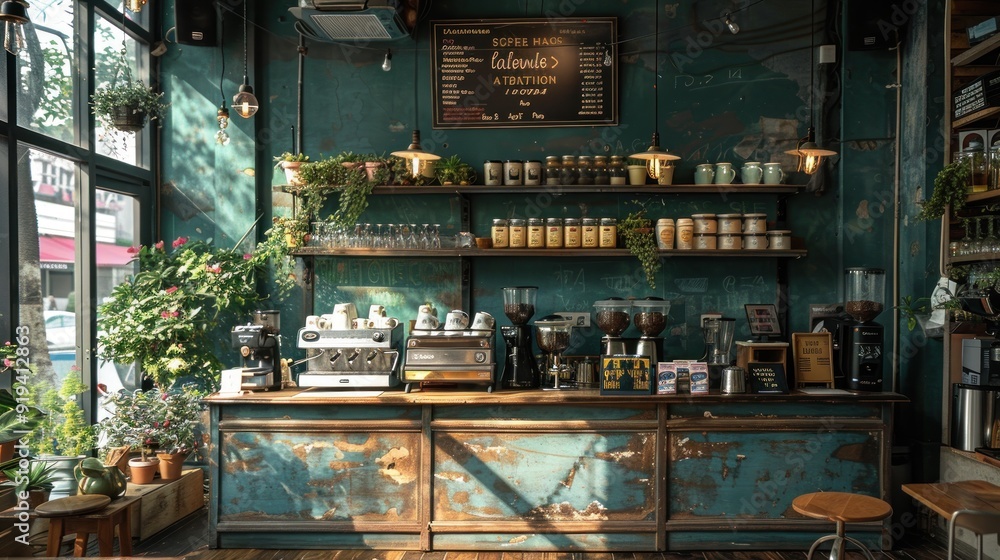 Sticker coffee shop interior with rustic charm