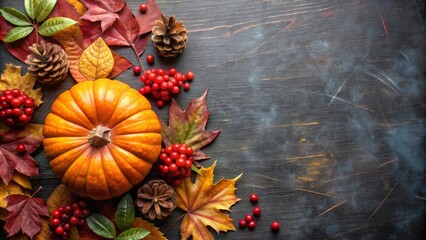 Autumnal Pumpkin, Leaves, and Pine Cones on Wooden Background.