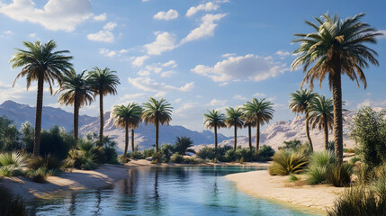 Fototapeta premium Desert Oasis with Trees and a Refreshing Pool 