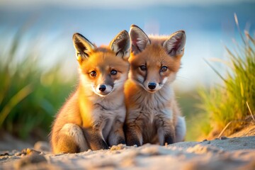 Fototapeta premium Two Red Fox Kits Sitting Together in a Sunny Field.