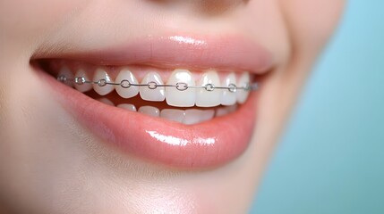 Fototapeta premium Close-up of a smiling mouth with braces, perfect teeth, orthodontic treatment, soft pink lips, smooth skin, slight curl of hair visible, light blue background, crisp focus.