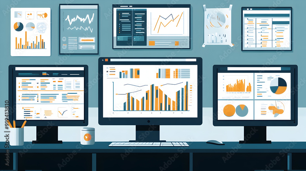 Poster digital marketing analytics shown on computer screens - an illustration of multiple computer screens
