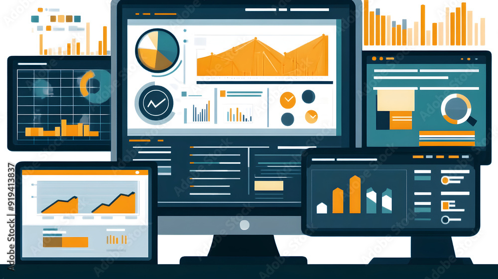 Poster digital marketing analytics shown on computer screens - an illustration of multiple computer screens