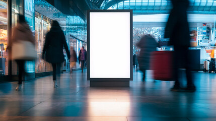 Vertical lightbox display mockup, people walking past with suitcases. Advertising banner standing at the airport. Travel and air transportation advertising template