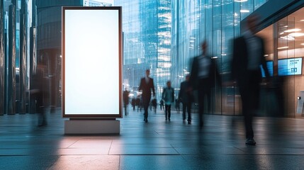 Fototapeta premium Mock up of billboard stands and pedestrians walk in modern city on autumn day. Lightbox blank poster template. Vertical screen designed for advertising.