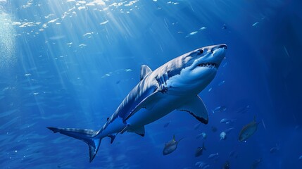 Fototapeta premium A shark swimming underwater, with rays of sunlight shining through the water surface. Shark in the deep blue ocean