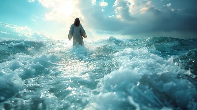 Jesus Christ Walking On Water in a Miraculous Scene on the Sea of Galilee with Serene Sky
