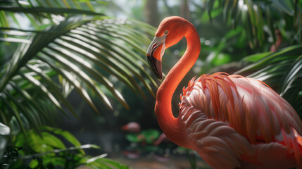 Fototapeta premium Super-realistic photo of a pink flamingo standing amidst lush tropical plants against a vibrant jungle background