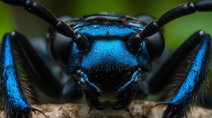 Close-up of a blue metallic beetle's head and front legs with a blurry green background.