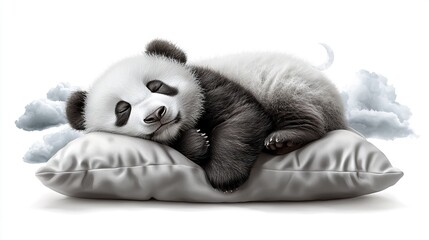   A panda bear lounging on a cloud filled with white and black fluffy clouds