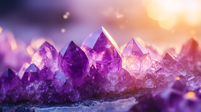 Cluster of amethyst crystals, vibrant purple hues, sunlight illumination, natural rock formation, golden hour glow, macro photography, transparent crystal points, geode slice.