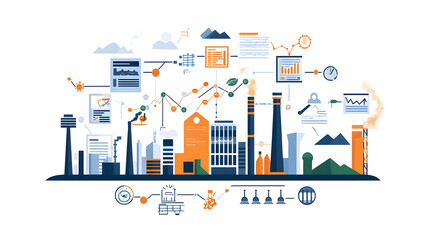 Obraz premium An illustration of various industry icons with associated economic charts, depicting economic diversification