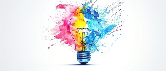 Obraz premium Brightly colored lightbulb representing creative ideas and innovation, with splashes of vibrant paint on a white background.