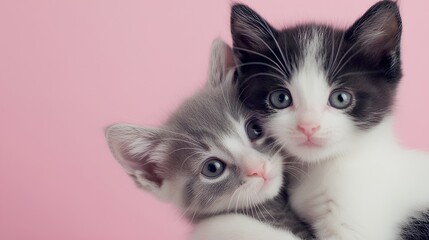 Two adorable kittens with big blue eyes and soft fur cuddle on a pink background.
