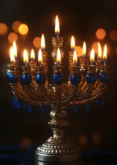 Fototapeta premium Celebratory Hanukkah menorah, with detailed flames and festive ambiance, embodying the Jewish holiday's spirit, ideal for posting and sharing with loved ones.
