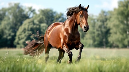 Fototapeta premium Brown horse galloping in a grassy field with green trees in the background, showcasing power and freedom on a sunny day.