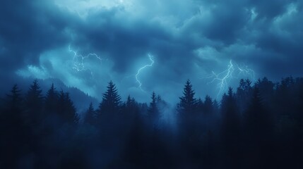 Fototapeta premium Dramatic thunderstorm over dense pine forest, multiple lightning bolts, ominous dark clouds, moody atmosphere, electric blue lightning strikes, towering evergreen trees.