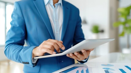 Business professional in a blue suit using a tablet, analyzing charts, and data in a modern office environment.