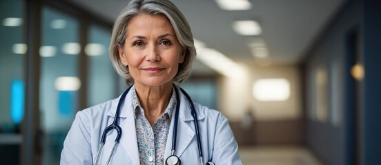 Hospital, crossed arms and portrait of mature doctor with stethoscope for medical career, support and health. Clinic, healthcare and professional woman for cardiology, pulmonary service and wellness