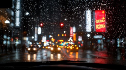 Fototapeta premium Nighttime Cityscape Through Rain-Soaked Windshield
