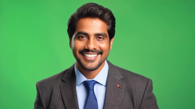 Middle-aged South Asian Male Marketing Director with Stylish Haircut Smiling and Nodding on Green Screen
