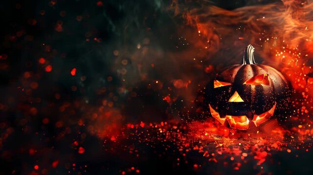 Halloween card with pumpkin lack o lantern carved face on dark black mystery background for Hallowen Party, copyspace