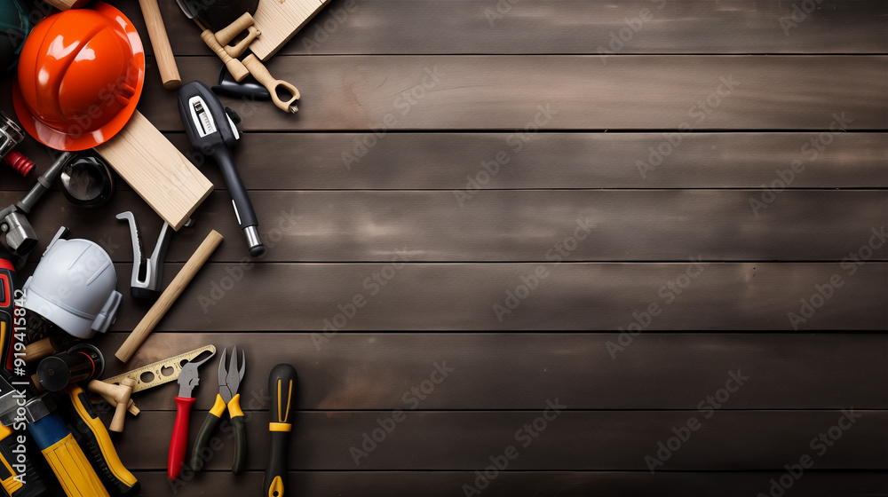 Wall mural Construction tools on table, space for text