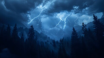 Fototapeta premium Dramatic thunderstorm over dense pine forest, multiple lightning bolts, ominous dark clouds, moody atmosphere, electric blue lightning strikes, towering evergreen trees.