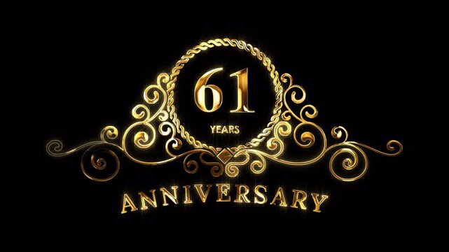 61st Anniversary Celebration. Happy 61 Years Anniversary Animation in Gold Color on the Transparent Background, Alpha Channel. Great for greetings, celebrations, events, and gifts.