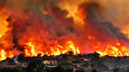 A forest fire engulfs a village.
Concept: emergency services and climate change warning, news and disaster reporting.