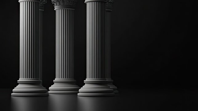 Tall silver pillars are arranged beautifully, contrasting sharply with a deep black background, creating a bold and striking visual effect