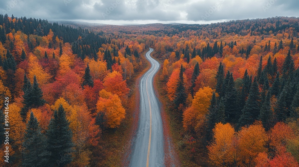 Poster a road with trees on both sides and a yellow and orange sky