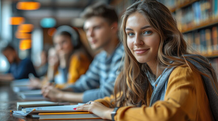 A girl is smiling and sitting in a library with other people. She is wearing a yellow jacket and has a backpack on
