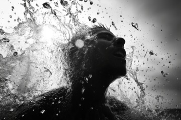 Fototapeta premium A person is emerging from a splash of water, with sunlight gleaming through, conveying a sense of freedom and joy.