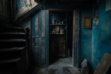 An eerie room with blue walls, a worn door, and wooden shelves filled with old artifacts, creating a mysterious atmosphere.
