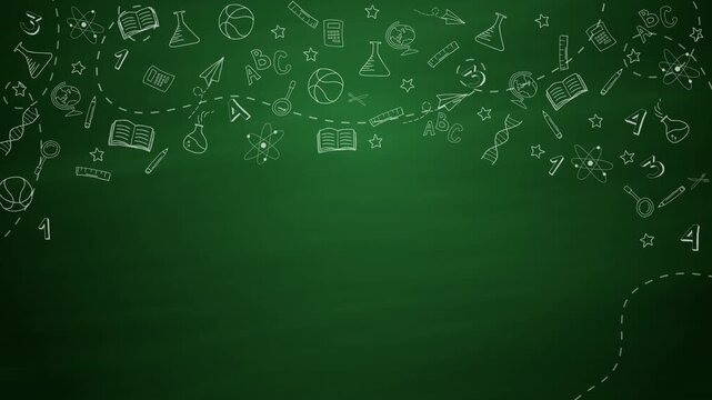 School icons drawn by hand with chalk on a green board. Looped animated decorative frame with space for text.