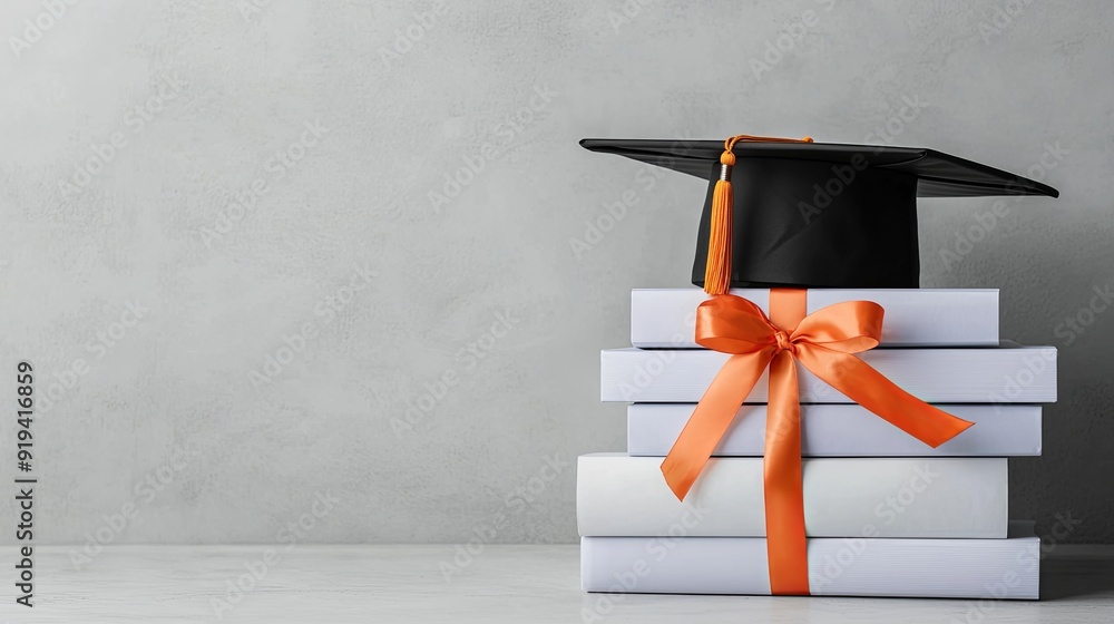 Aufkleber mortarboard placed on a stack of textbooks with a diploma tied with a ribbon, symbolizing the culmin