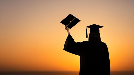 Silhouette of a graduate holding their mortarboard aloft against a sunset, symbolizing the pride of academic success and the journey ahead, copy space for text,