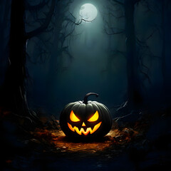 Fototapeta premium sinister pumpkin with glowing eyes in a creepy night forest and full moon