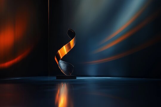 Abstract sculpture with a twisting metallic design, illuminated by warm and cool lighting to create a dynamic visual experience.